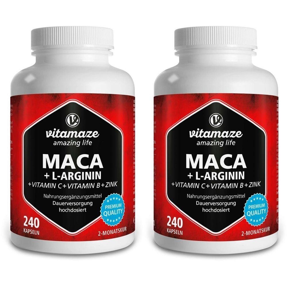 Zwei weiße Flaschen mit rotem Etikett. Aufschrift: vitamaze, MACA + L-Arginin, Vitamin C, B, Zink. 240 Kapseln, Premium Quality.