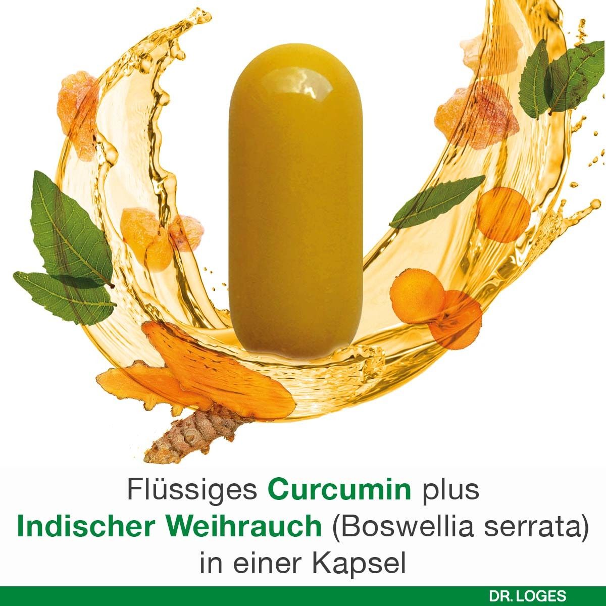 Eine Kapsel mit flüssigem Curcumin und Indischem Weihrauch (Boswellia Serrata).
