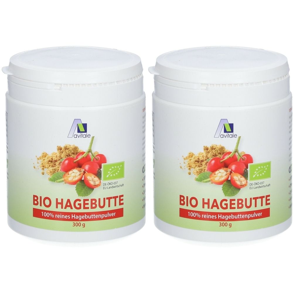 Zwei weiße Dosen mit Deckel. Aufschrift: BIO HAGEBUTTE, 100% reines Hagebuttenpulver. Mit Logo und Bio-Siegel.