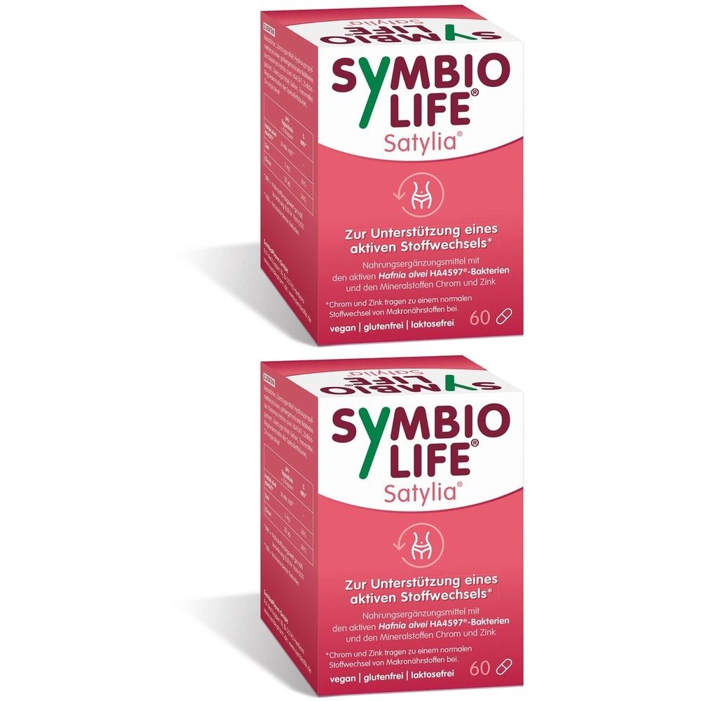 Zwei Schachteln SymbioLife Satylia. Rote Verpackung mit weißer Schrift. Enthält 60 Kapseln. Vegan, glutenfrei, laktosefrei.