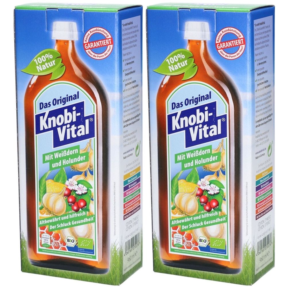 Zwei Kartons mit Knobi-Vital. Aufschrift: Das Original, Mit Weißdorn und Holunder. Logo: 100% Natur. Garantiert.