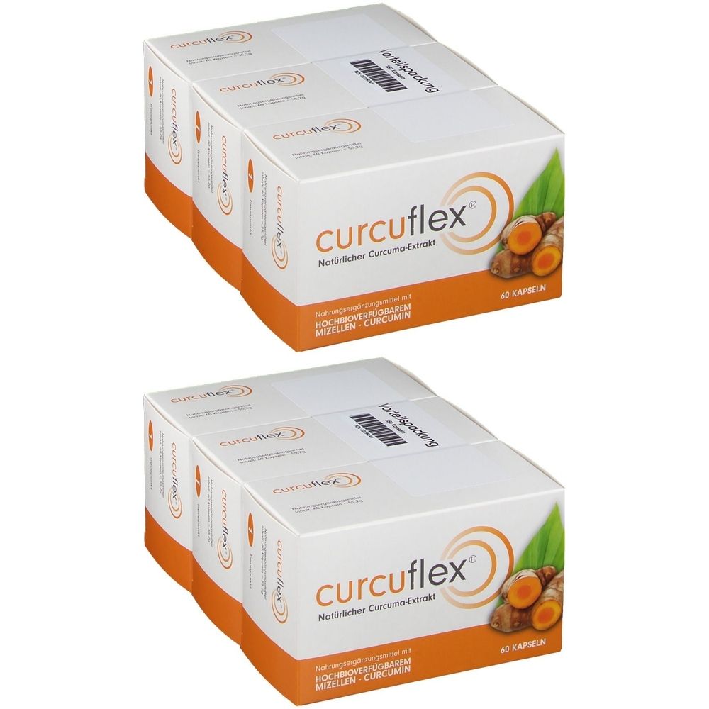 Zwei weiße Kartons mit orangefarbenen Akzenten. Aufgedruckt ist der Markenname curcuflex® und Abbildungen von Kurkuma-Wurzeln.