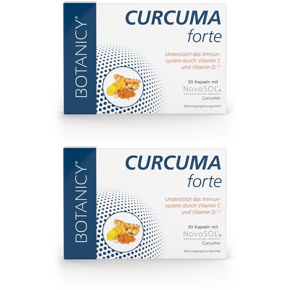 Zwei weiße Schachteln mit der Aufschrift "CURCUMA forte". Aufschrift "Unterstützt das Immunsystem durch Vitamin C und Vitamin D".