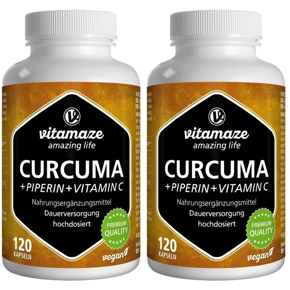 Zwei weiße Flaschen mit Kapseln. Aufschrift: CURCUMA + PIPERIN + VITAMIN C. Marke: vitamaze. 120 Kapseln. Vegan.