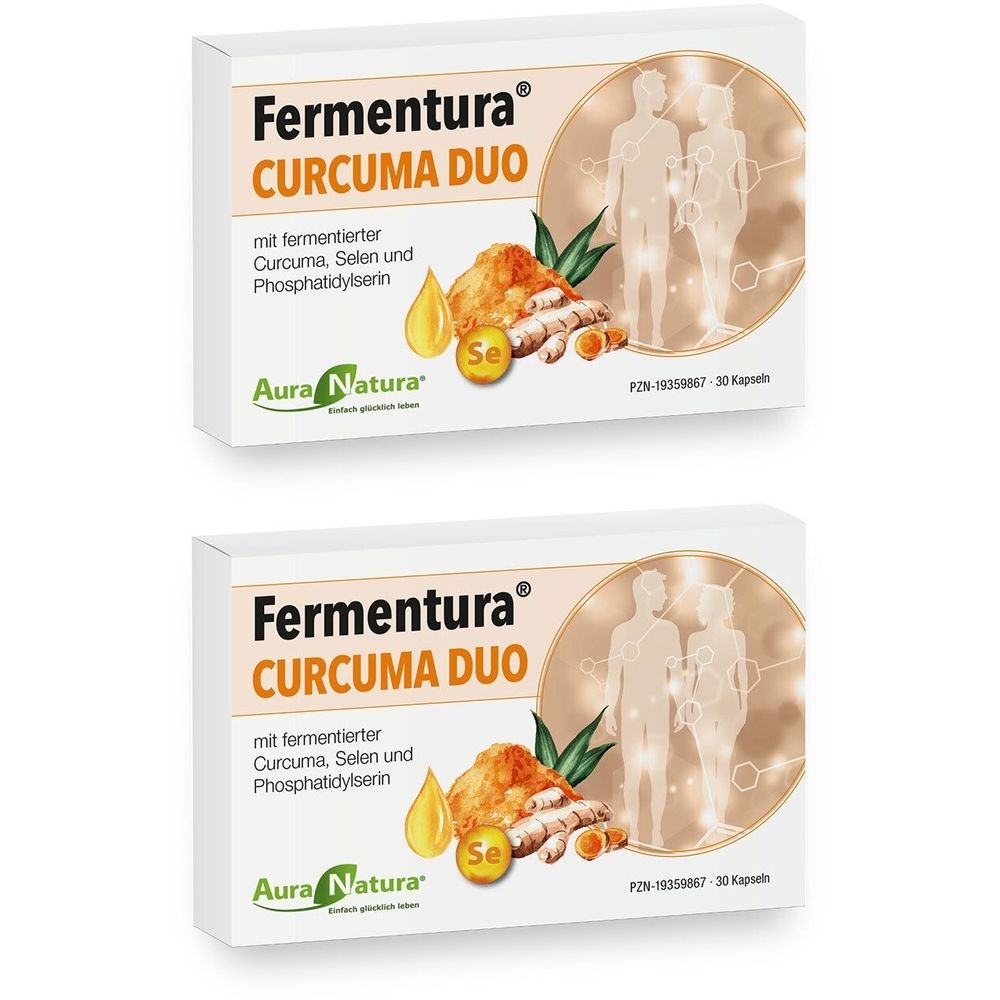 Zwei Schachteln Fermentura® CURCUMA DUO. Aufdrucke: Curcuma, Selen, Phosphatidylserin, Aura Natura. Abbildung von Kurkuma, Tropfen und menschlichen Figuren.