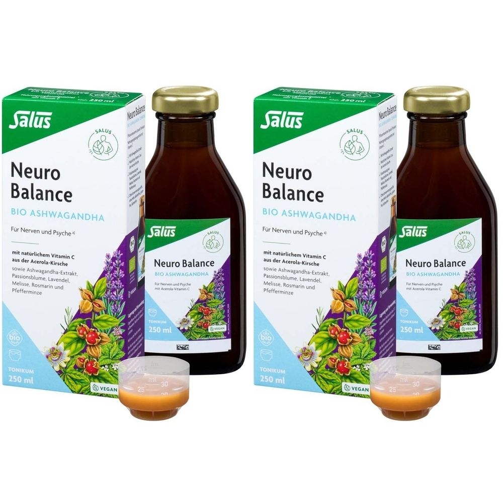 Zwei Flaschen und zwei Kartons mit Etiketten. Aufschrift: Salus Neuro Balance Bio Ashwagandha. Zwei Messbecher mit Flüssigkeit.