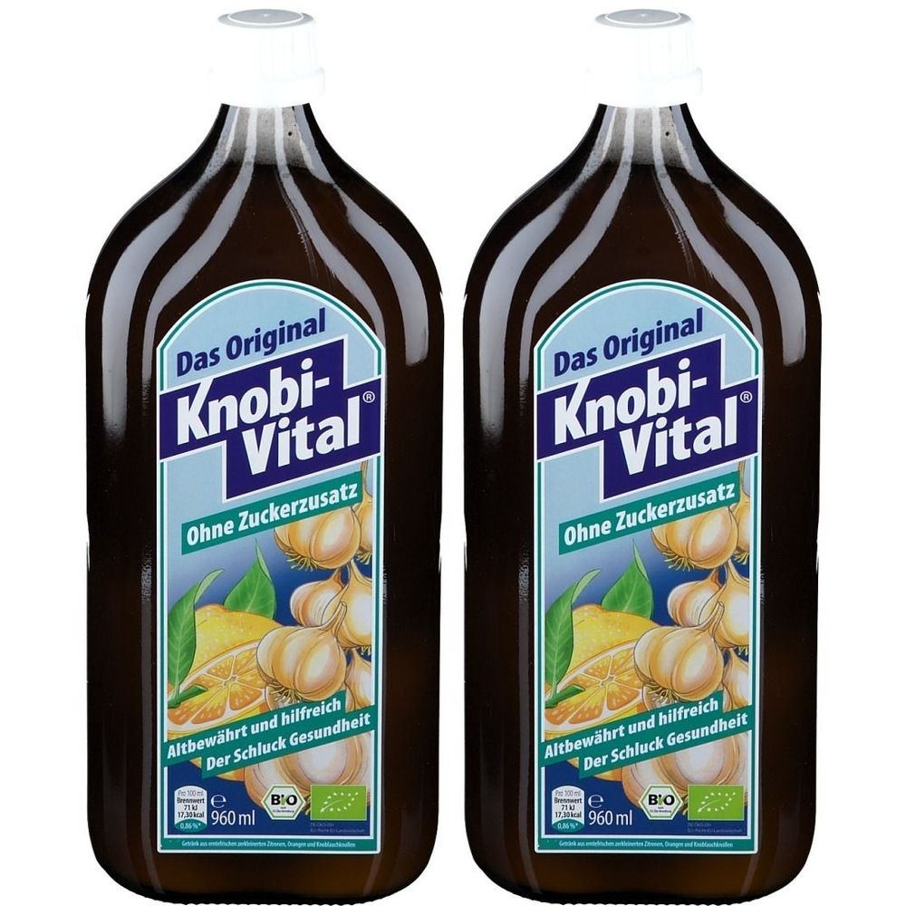 Zwei braune Flaschen mit weißem Verschluss. Auf dem Etikett steht "Das Original Knobi-Vital ohne Zuckerzusatz".