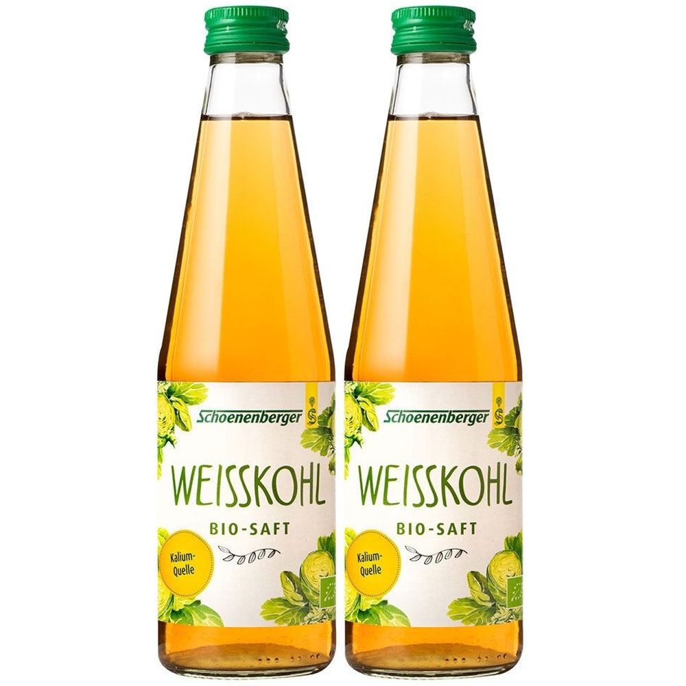 Zwei Flaschen Schoenenberger Weißkohl Bio-Saft. Glasflaschen mit grünem Deckel und Etikett. Aufschrift: Weißkohl Bio-Saft.