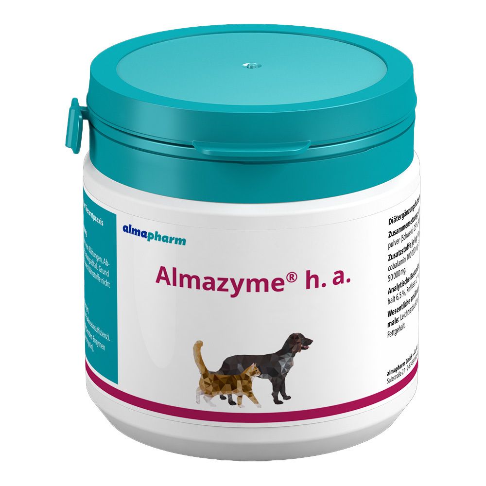 Runde Dose mit blauem Deckel. Aufschrift: Almazyme h.a. für Hunde und Katzen. Abbildung von Katze und Hund.