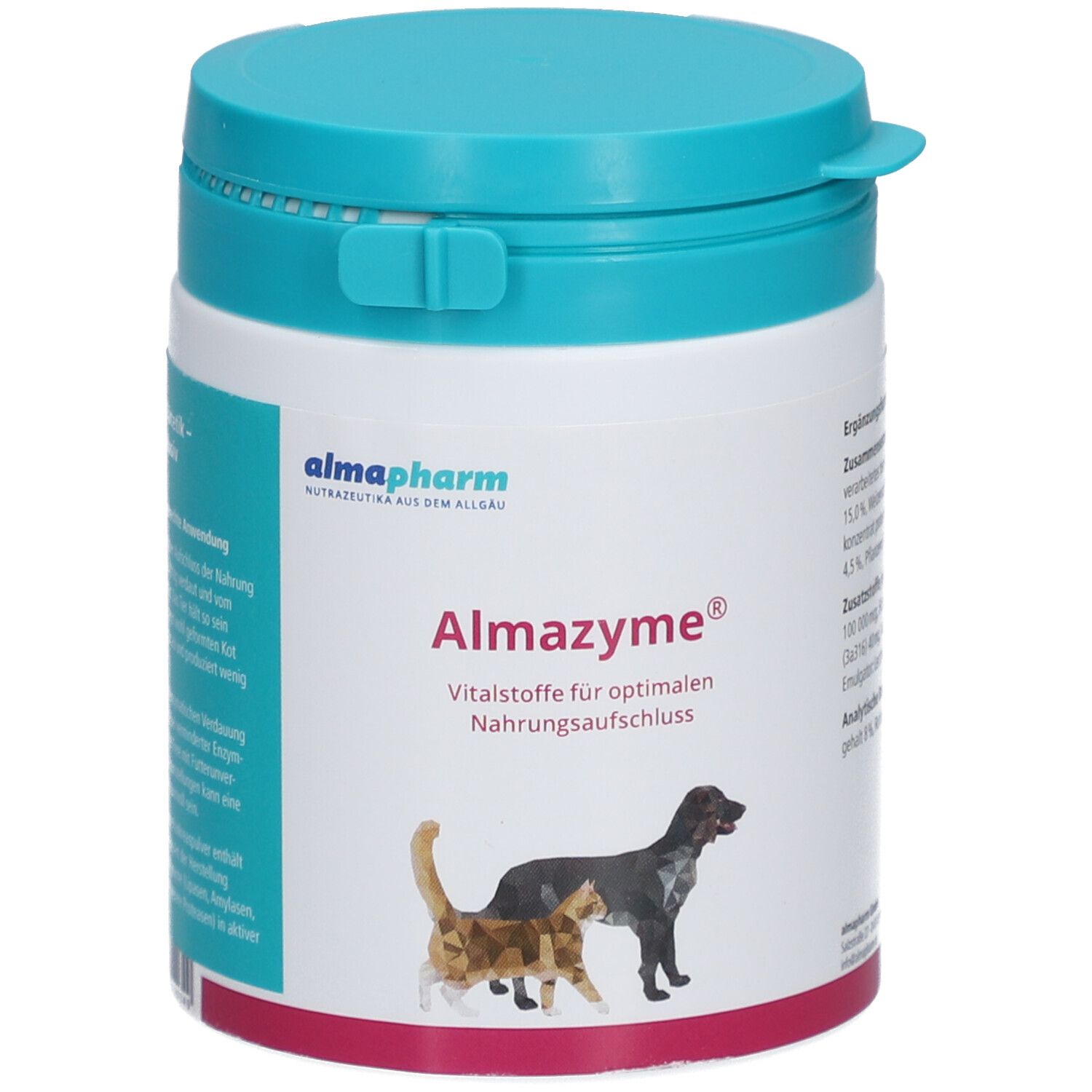 Runde Dose mit blauem Deckel. Aufschrift Almazyme, Vitalstoffe für Hunde und Katzen. Logo: Katze und Hund.