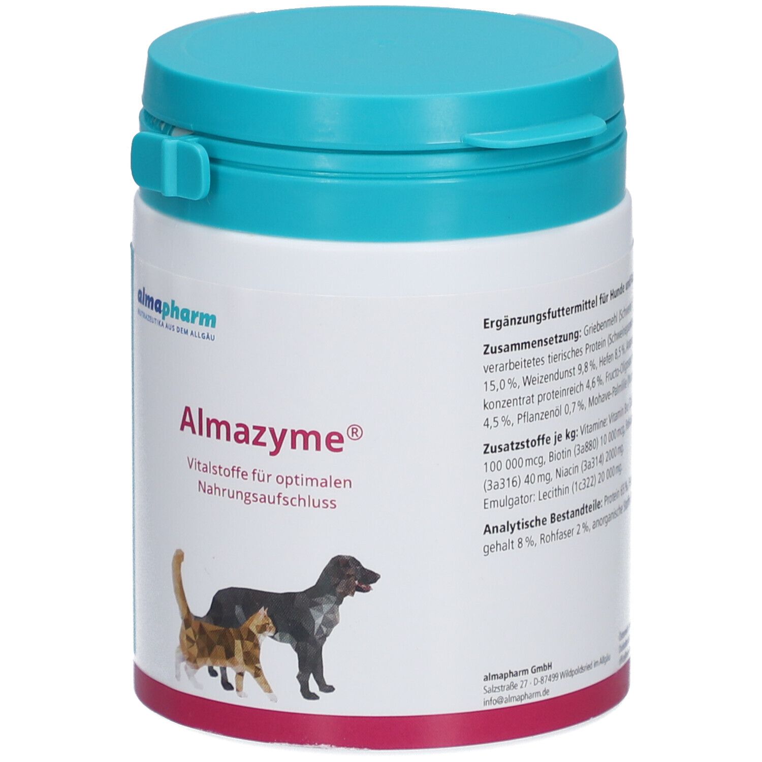 Runde Dose mit blauem Deckel. Aufschrift Almazyme, Vitalstoffe für Hunde und Katzen. Logo: Katze und Hund. Text: Ergänzungsfuttermittel.