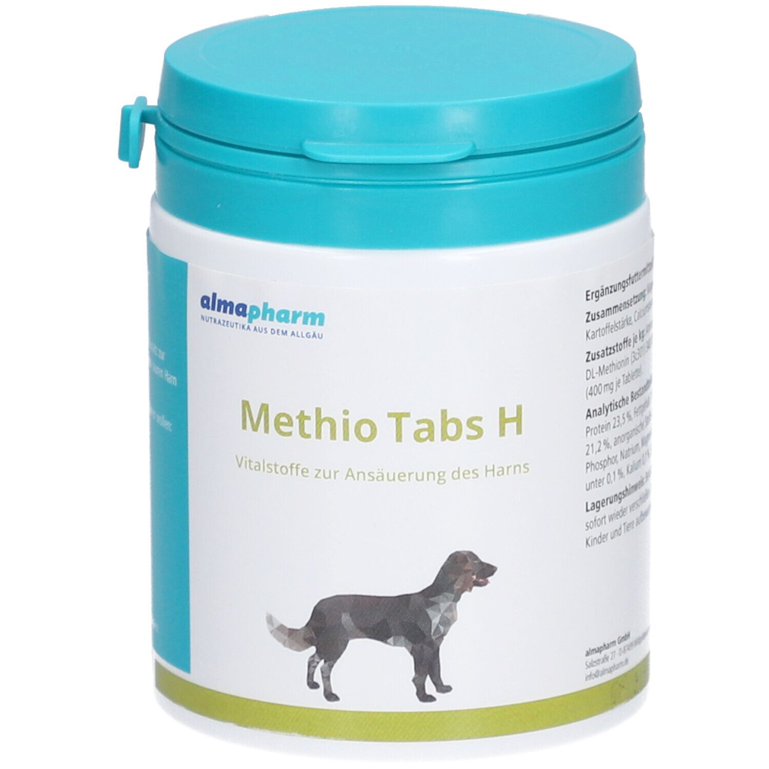 Weiß-blaue Dose mit "Methio Tabs H"-Aufdruck. Enthält Tabletten zur Ansäuerung des Urins. Abbildung eines Hundes.