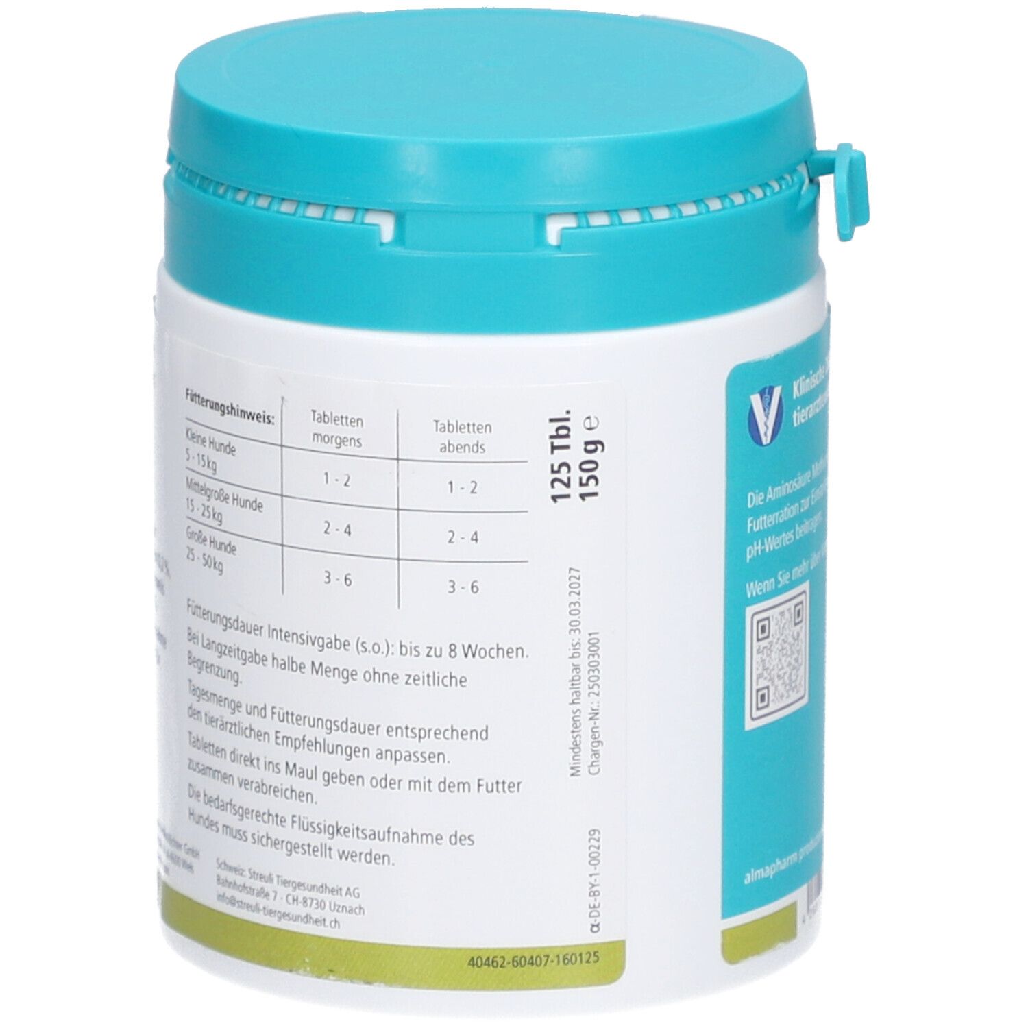 Dose mit "Methio Tabs H". Text: 125 Tbl. 150 g. Fütterungsempfehlung für Hunde. Mindestens haltbar bis 10.03.2021.