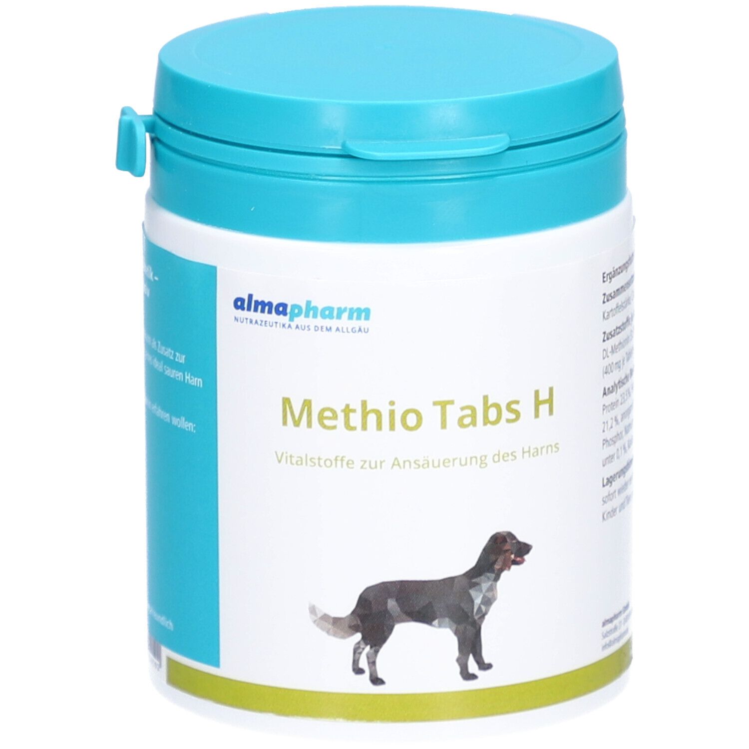 Weiß-blaue Dose mit "Methio Tabs H"-Aufdruck. Enthält Tabletten zur Ansäuerung des Urins. Abbildung eines Hundes.