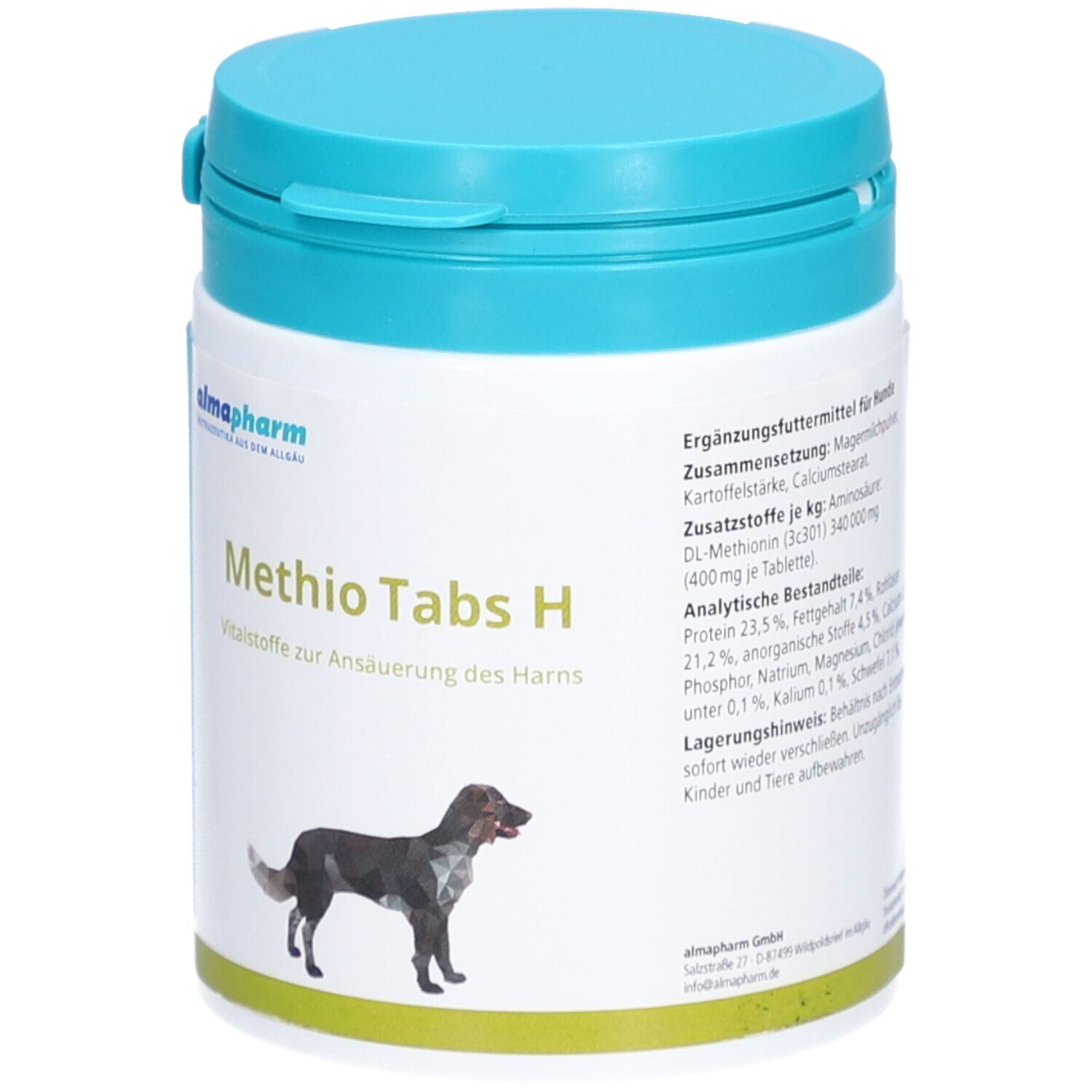 Weiß-blaue Dose mit "Methio Tabs H". Enthält Tabletten zur Ansäuerung des Urins. Zusammensetzung und analytische Bestandteile.