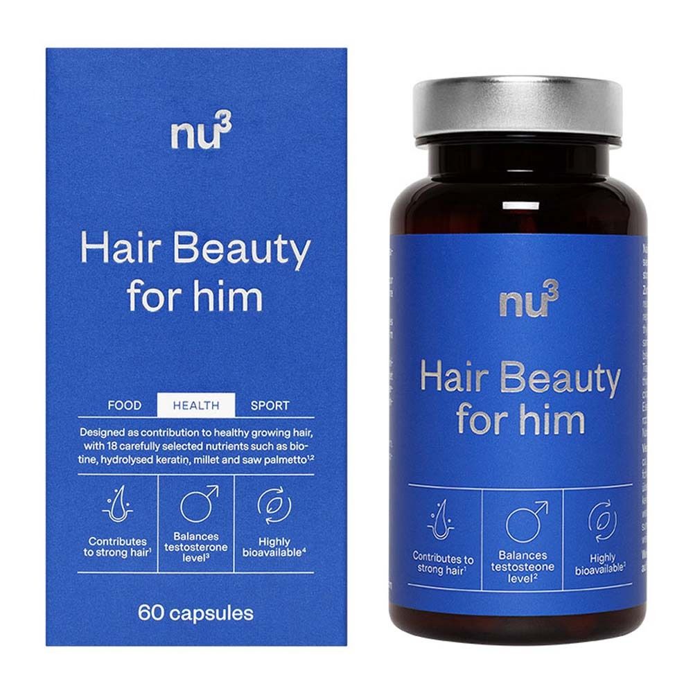 Blaue Schachtel und Flasche mit Kapseln. Aufschrift: Hair Beauty for him. Logos und Text.