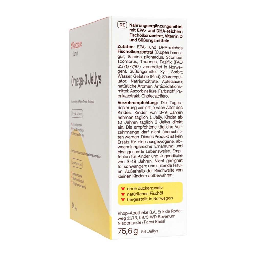 Seitenansicht der Redcare Junior Omega-3 Jellys Verpackung. Enthält Produktinformationen und Inhaltsstoffe.