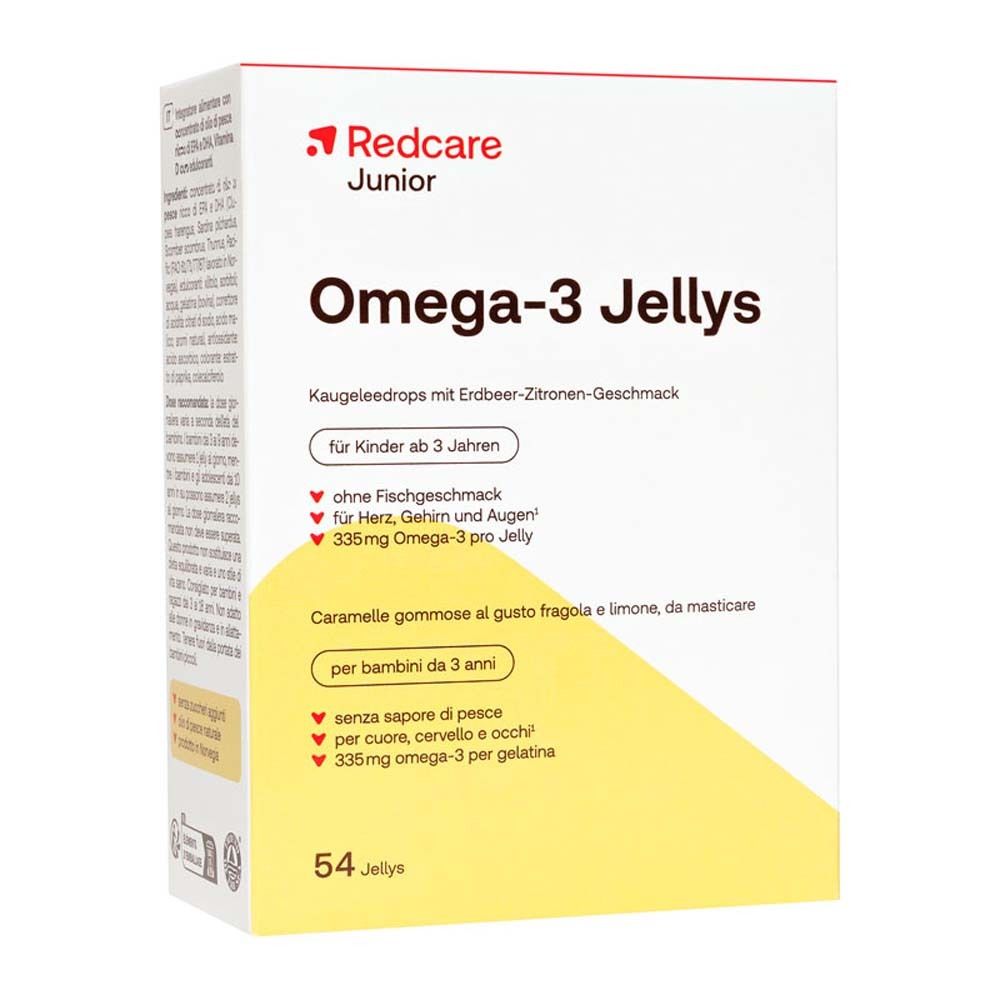 Redcare Junior Omega-3 Jellys Verpackung. Enthält Jellys mit Erdbeer-Zitronen-Geschmack.