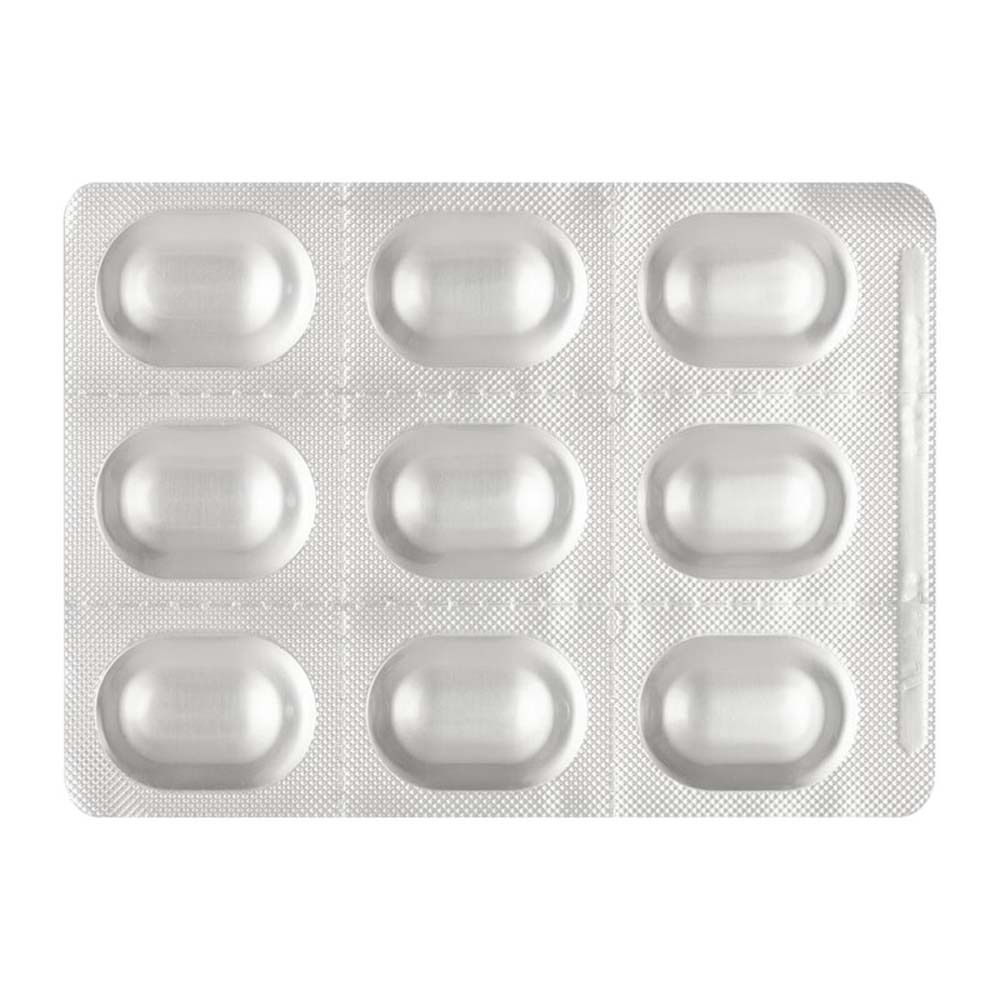 Blisterpackung mit neun ovalen, silberfarbenen Tabletten. Anordnung in drei Reihen.