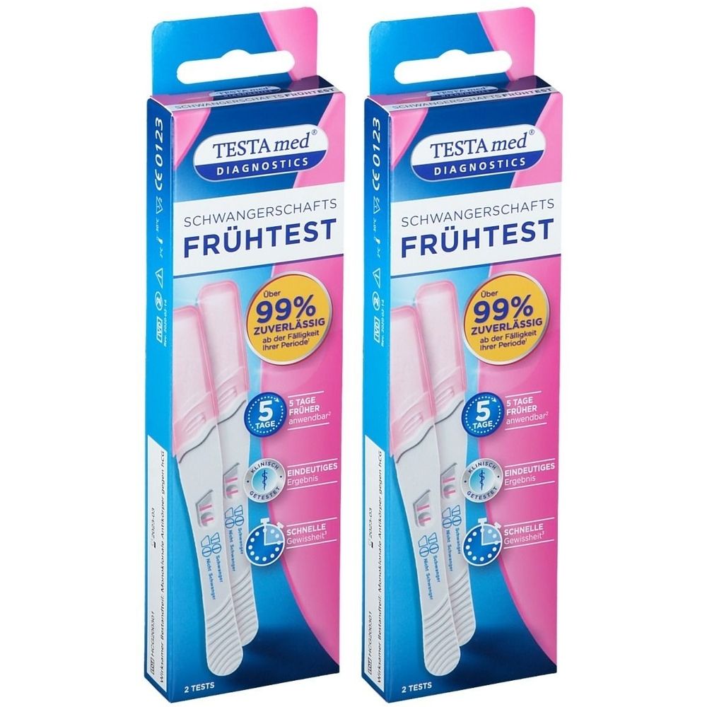 Zwei Packungen Schwangerschaftsfrühstest. Blaue und rosa Verpackung mit Produktnamen und Testergebnissen.