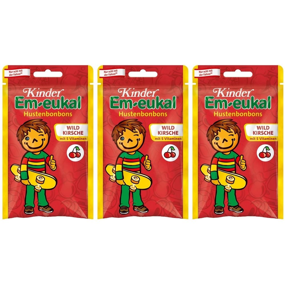 Drei Beutel Kinder Em-eukal Hustenbonbons Wildkirsche. Rote Verpackung mit Kind-Illustration und Produktnamen.
