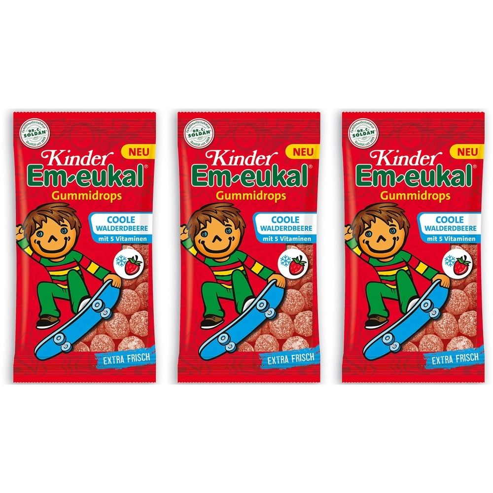 Drei rote Verpackungen mit "Kinder Em-eukal Gummidrops". Auf jeder Verpackung ist ein Junge auf einem Skateboard abgebildet.