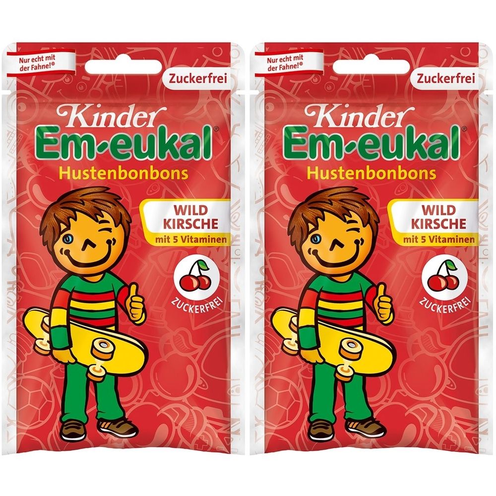 Zwei Beutel Kinder Em-eukal Hustenbonbons Wildkirsche zuckerfrei. Aufdruck mit Kind und Kirsche.