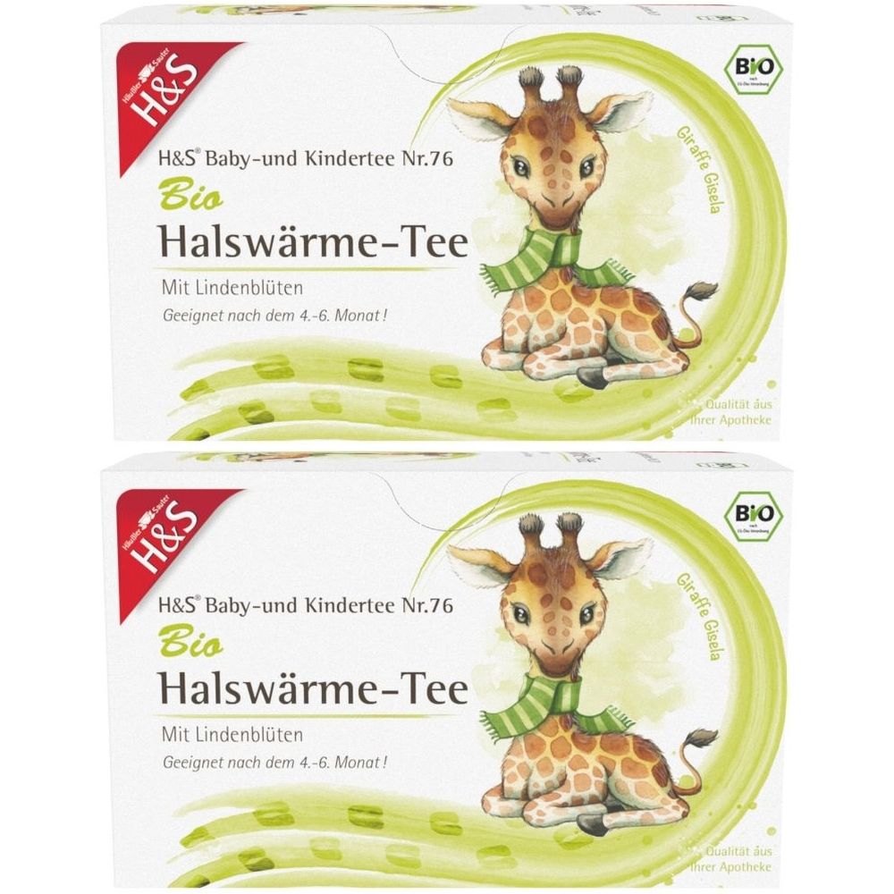 Zwei Packungen Baby- und Kindertee. Aufdruck: H&S, Bio Halswärme-Tee mit Lindenblüten. Abbildung: Giraffe mit Schal.