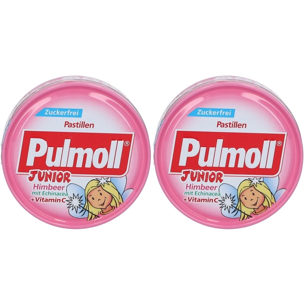 Zwei runde, rosa Pastillendosen. Aufschrift: Pulmoll Junior Himbeer, zuckerfrei, mit Echinacea und Vitamin C. Abbildung eines Mädchens.