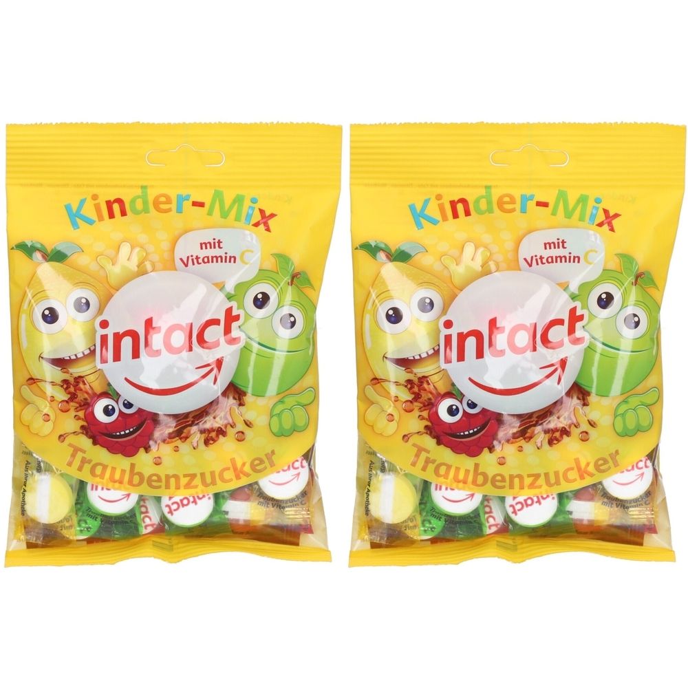 Zwei gelbe Beutel mit "Kinder-Mix" und "intact Traubenzucker" Aufdruck. Enthält Vitamin C. Abbildung von Früchten.