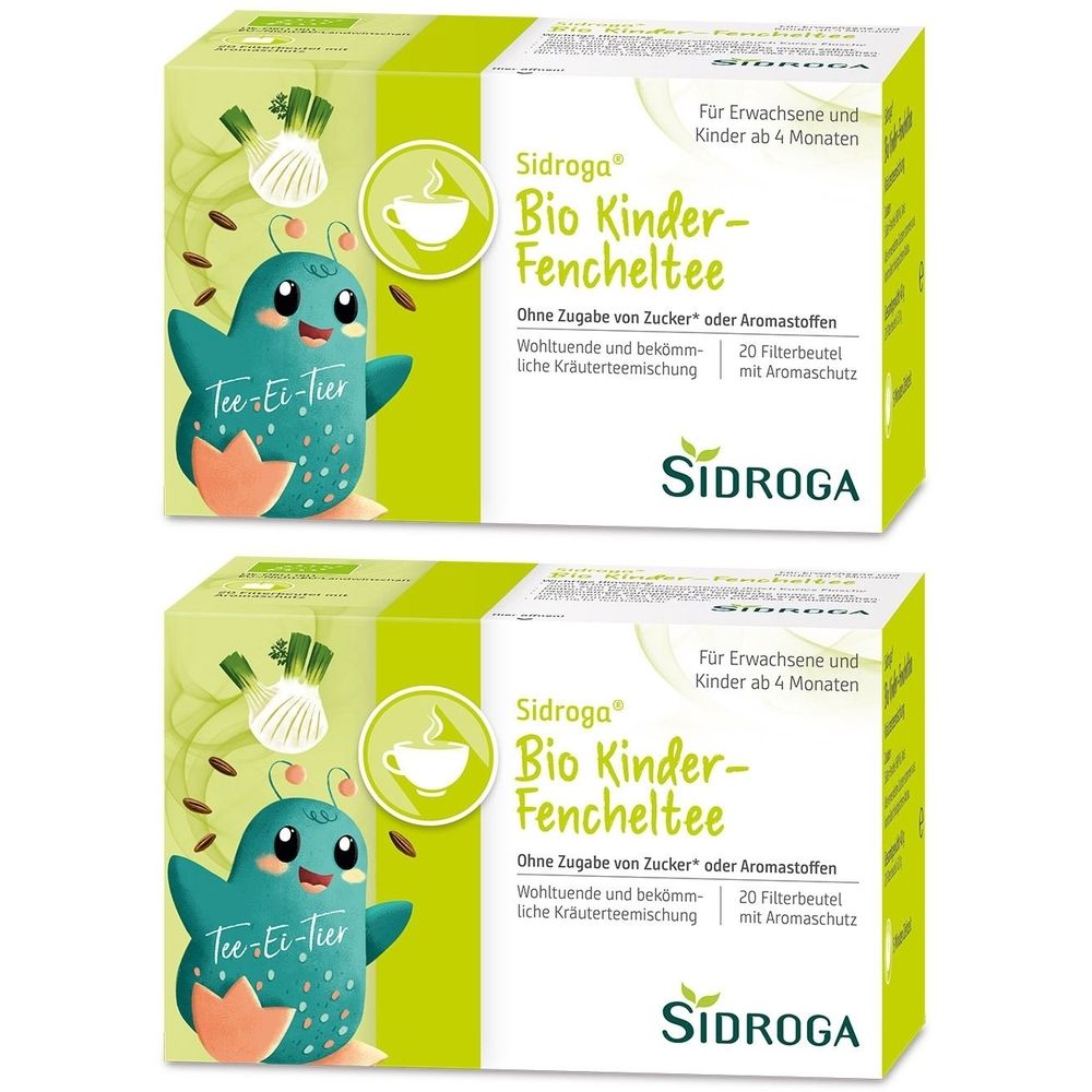 Zwei Kartons Sidroga Bio Kinder-Fencheltee. Aufdruck: Tee-Ei-Tier, Fenchel, Tasse, 20 Filterbeutel, ohne Zucker oder Aromastoffe.