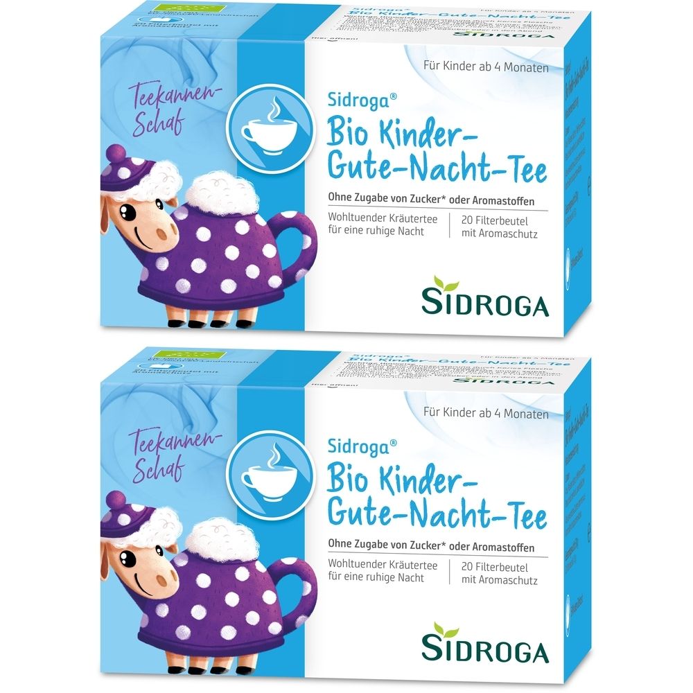 Zwei Schachteln Sidroga Bio Kinder Gute-Nacht-Tee. Aufdruck: Tee mit Schaf-Illustration. Text: Ohne Zuckerzusatz, 20 Filterbeutel.