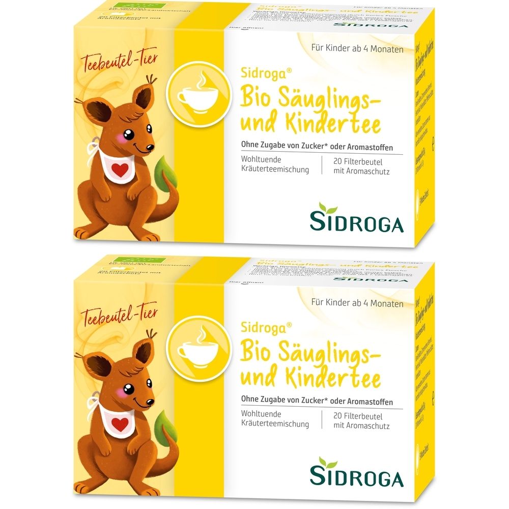 Zwei Packungen Sidroga Bio Säuglings- und Kindertee. Aufdruck: Teebeutel-Tier, ein Känguru. 20 Filterbeutel.