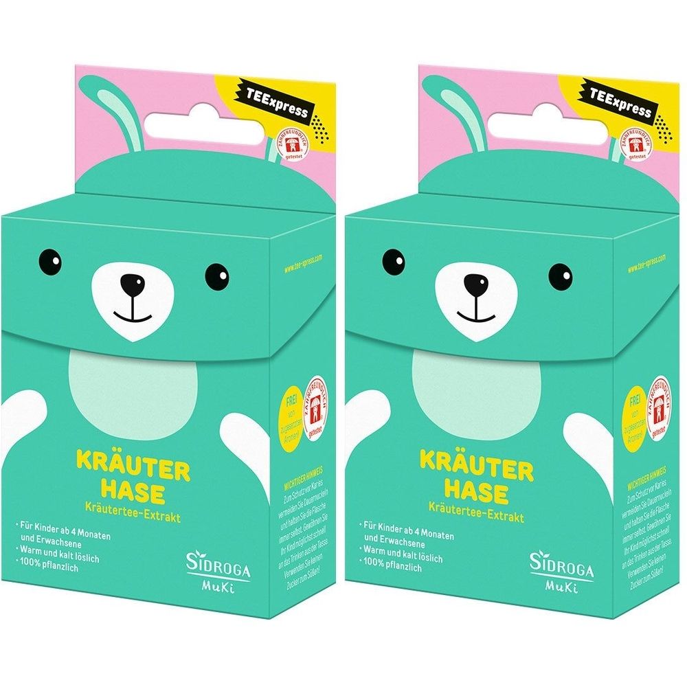 Zwei grüne Kartons mit Hasenmotiv. Aufschrift: Kräuter Hase, Sidroga. Mit gelbem Aufhänger und Logo TEExpress.