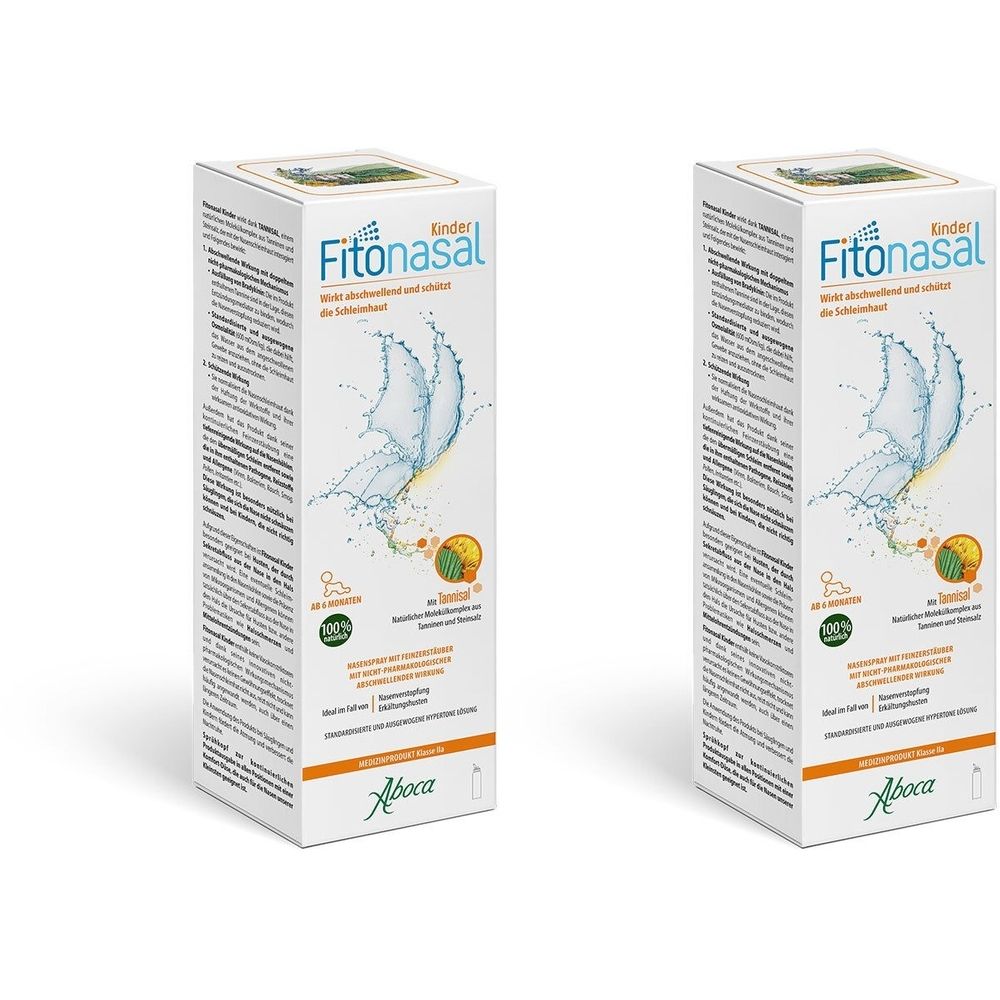Zwei Kartons mit "Fitonasal Kinder" Nasenspray. Weiße Verpackung mit Produktnamen, Wasser-Illustration und Logo.