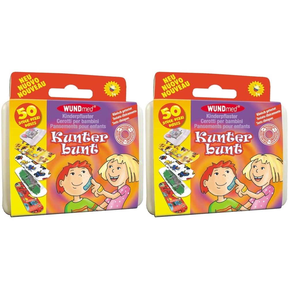 Zwei Packungen Kinderpflaster. Aufdruck: WUNDmed, Kunterbunt, 50 Stück. Verpackung mit Illustrationen von Kindern.