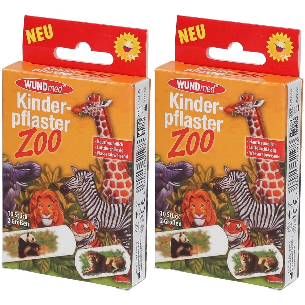 Verpackung mit Kinderpflaster Zoo. Aufdruck: WUNDmed, 10 Stück, 2 Größen. Mit Tierabbildungen. Auf der Verpackung steht "NEU".