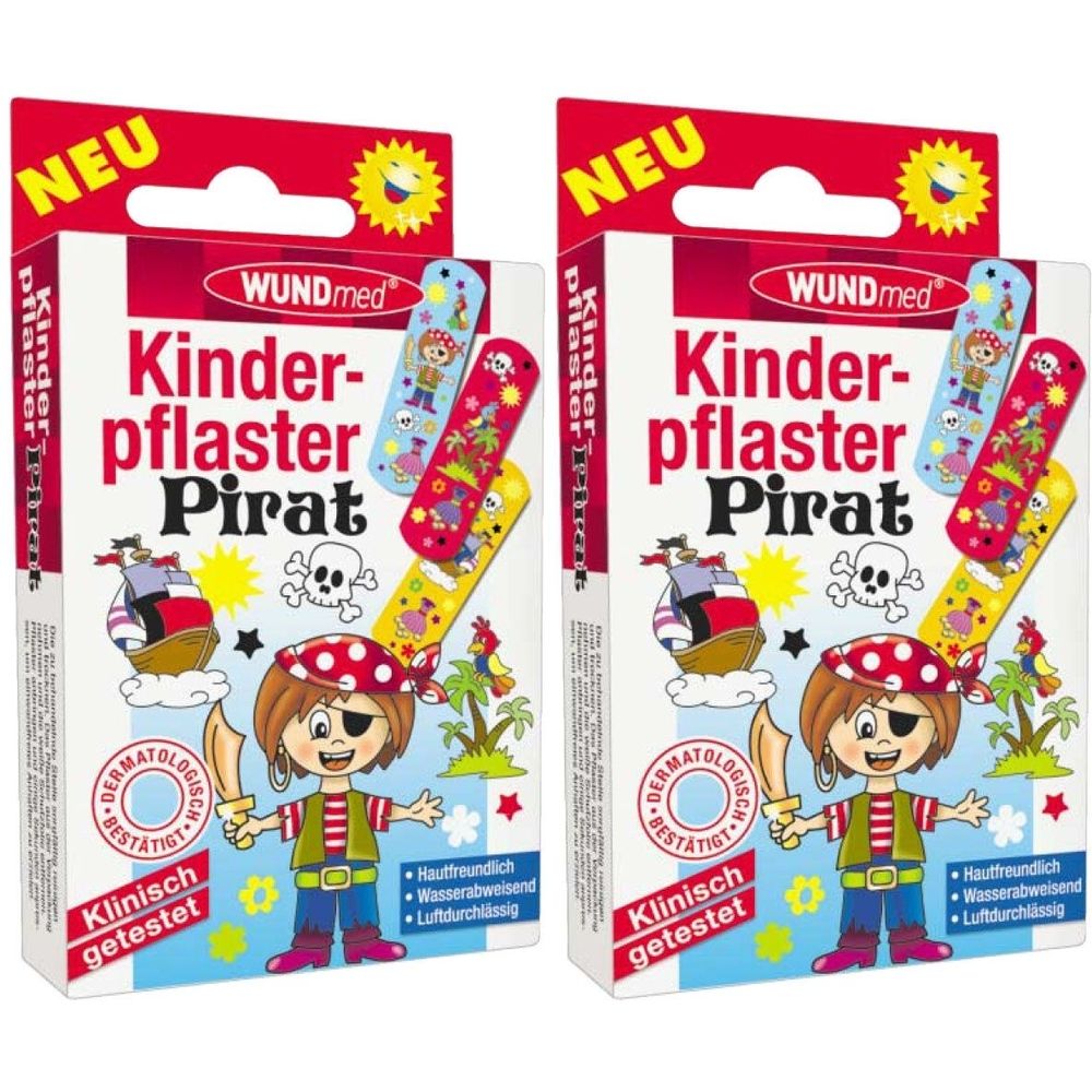 Zwei Packungen WUNDmed Kinderpflaster Pirat. Aufdruck: Piratenmotiv, dermatologisch getestet, klinisch getestet. Mit Aufschrift "NEU".