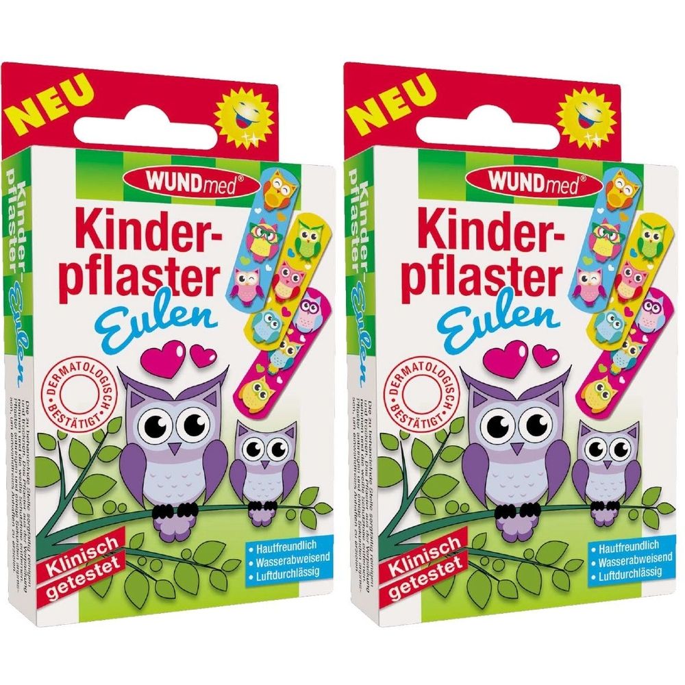 Zwei Packungen Kinderpflaster mit Eulen-Motiv. Aufschrift: WUNDmed, Kinderpflaster Eulen, Klinisch getestet. Neu-Label.