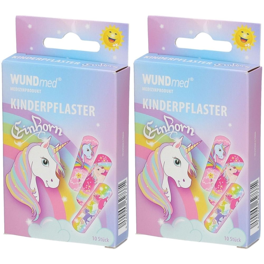 Zwei Packungen Kinderpflaster mit Einhorn-Motiv. Aufschrift: WUNDmed Kinderpflaster. Verpackung mit Regenbogen, Wolken und Sonnen-Illustration.