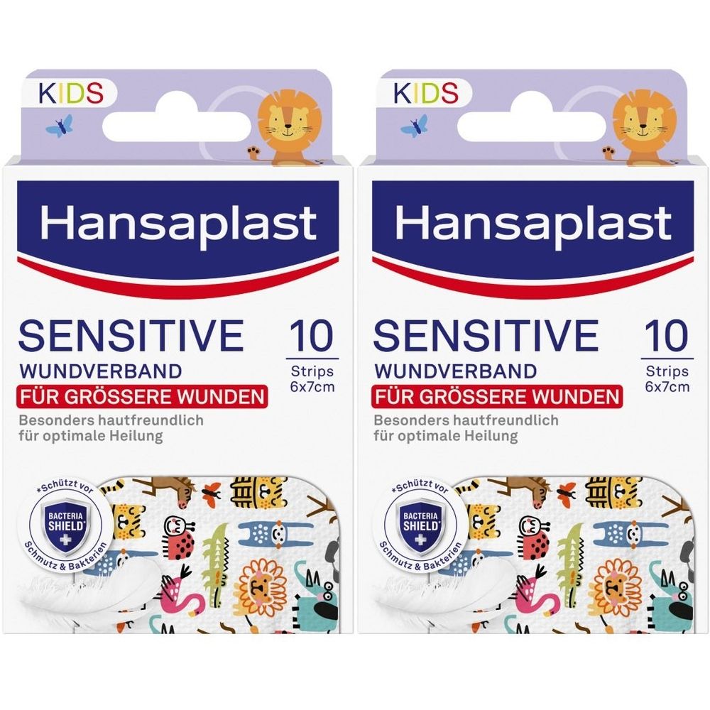 Zwei Packungen Hansaplast Sensitive Kids Wundverband XL. Jede Packung enthält 10 Pflaster, 6x7cm. Mit kindgerechtem Design und Löwen-Illustration.