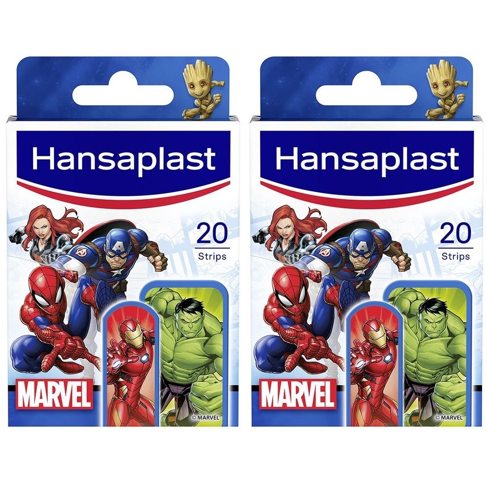 Zwei Packungen Hansaplast Pflaster mit Marvel-Figuren. Jede Packung enthält 20 Strips. Oben links: Logo und Figur Groot.
