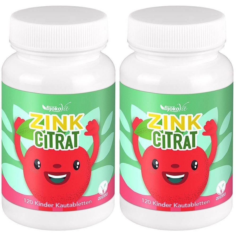 Zwei weiße Flaschen mit grünem Etikett. Aufschrift: Zink Citrat. Abbildung eines roten Apfels. 120 Kinder Kautabletten.