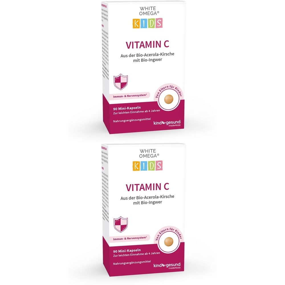 Zwei Packungen WHITE OMEGA KIDS Vitamin C. Aufschrift: Vitamin C, Bio-Acerola-Kirsche, Bio-Ingwer. 90 Mini-Kapseln. Für Kinder ab 4 Jahren.