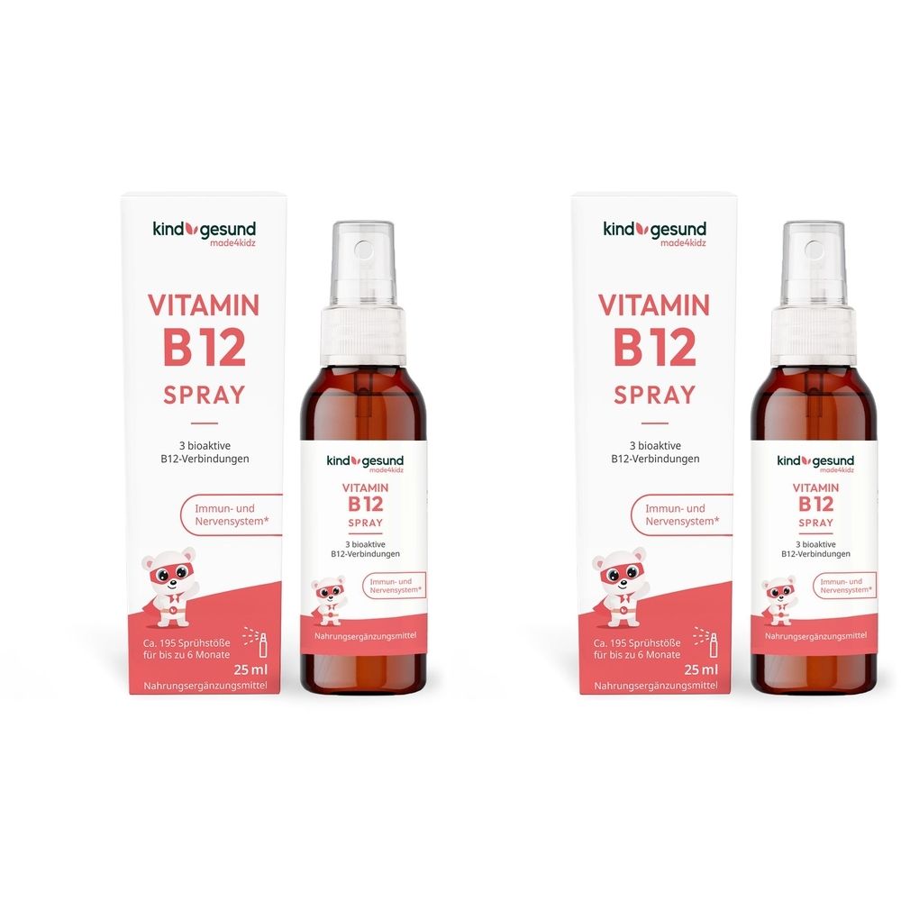 Zwei Flaschen Vitamin B12 Spray mit Verpackung. Aufschrift: Vitamin B12 Spray, kindgesund. 25 ml.