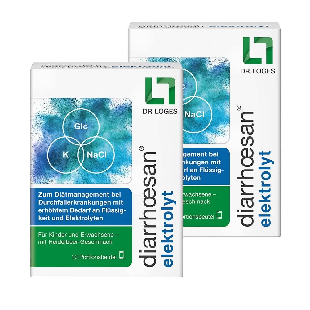Zwei Kartons Diarrhoesan Elektrolyt. Aufschrift: Glc, NaCl, K. Text: Zum Diätmanagement bei Durchfallerkrankungen. 10 Portionsbeutel.