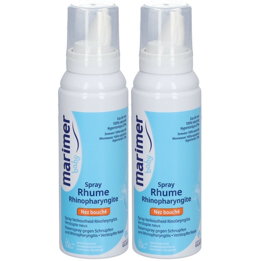 Zwei weiße Sprühflaschen mit blauem Etikett. Auf dem Etikett steht "marimer baby" und "Spray Rhume Rhinopharyngite".