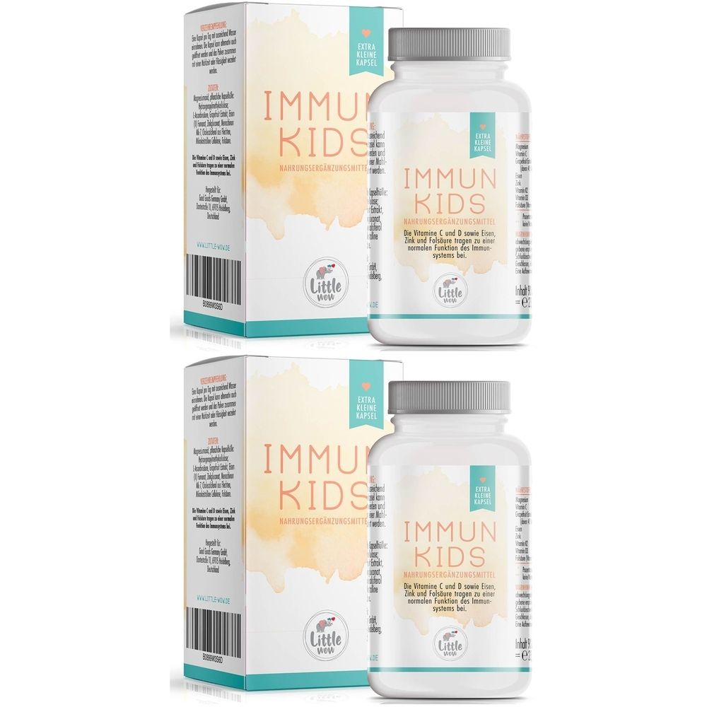 Zwei weiße Flaschen und Kartons mit der Aufschrift "IMMUN KIDS". Aufschrift "Little Wow".
