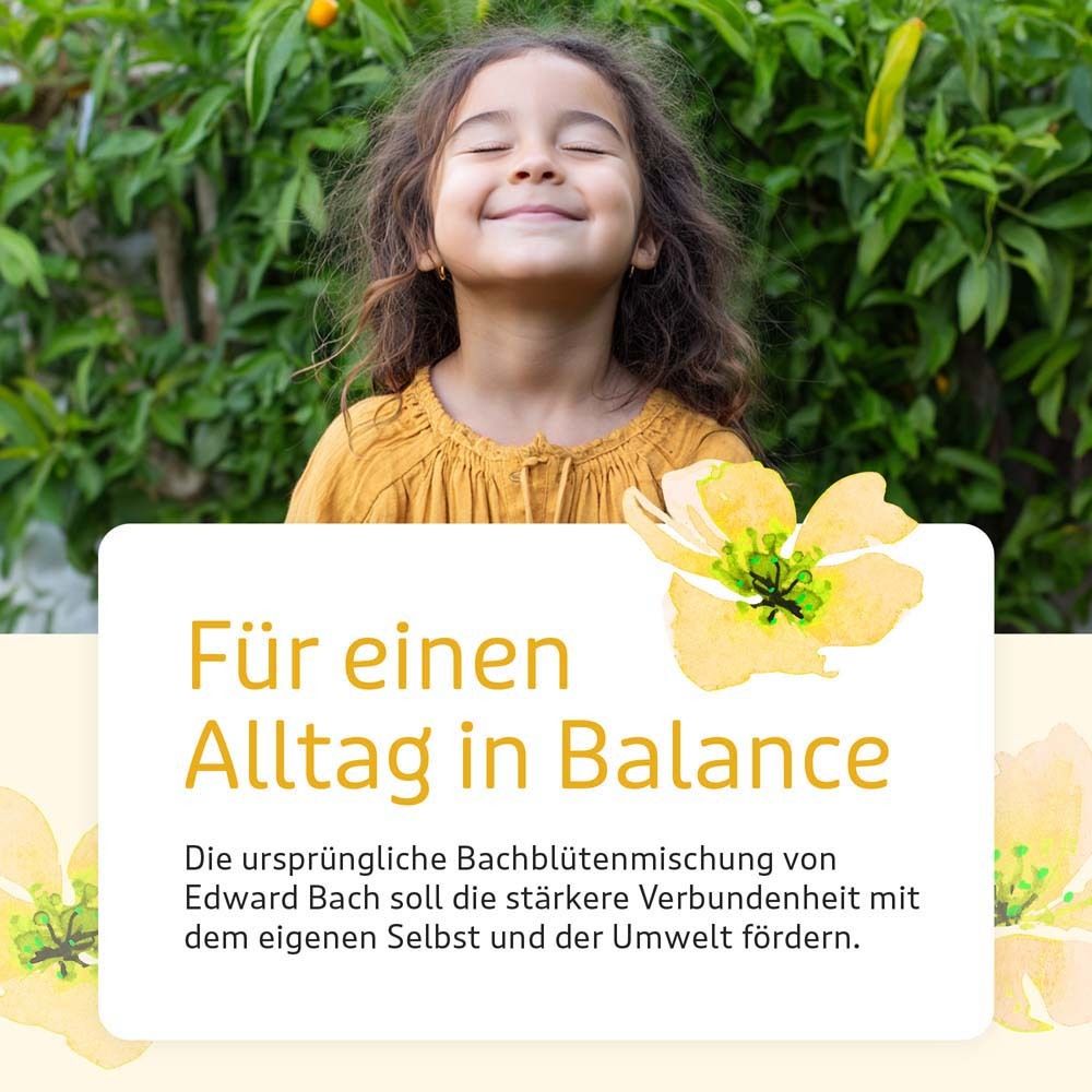 Kind mit geschlossenen Augen vor grünem Hintergrund. Text: 'Für einen Alltag in Balance'.