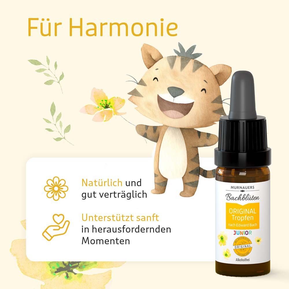 Cartoon-Tiger mit Tropfenflasche. Text: 'Für Harmonie'.